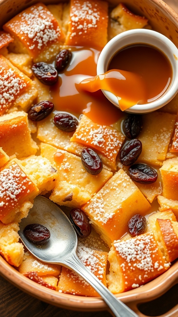 A delicious bread pudding with raisins, served in a rustic dish, topped with powdered sugar and caramel sauce.